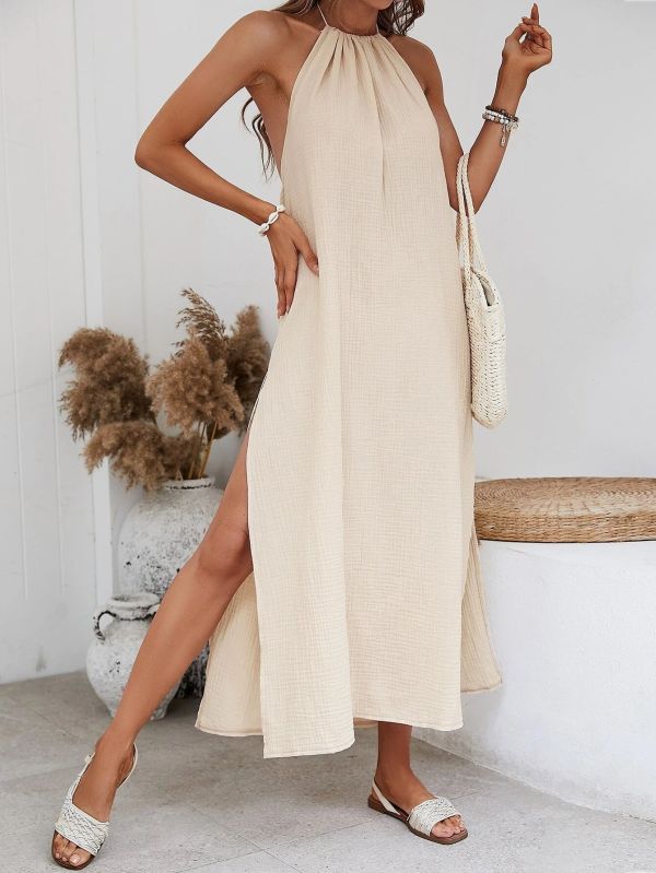 EVE Solid Color Backless Hang Neck Maxi Dress GYSQ-CDEA1630