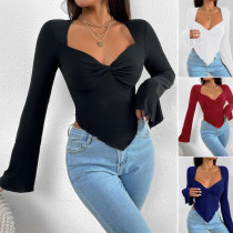 EVE V Neck Flare Sleeve Irregular T Shirt GYSQ-WCCF1710