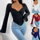 EVE V Neck Flare Sleeve Irregular T Shirt GYSQ-WCCF1710