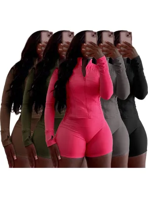 EVE Solid Color Long Sleeve Tight Two Piece Shorts Set CH-24068