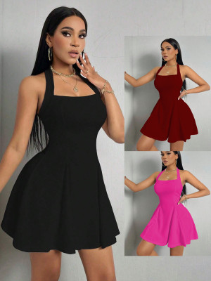 EVE Solid Color Halter Backless Mini Dress GYSQ-CDEA0530