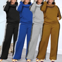 EVE High Collar Stripe Hooded Sweatshirt Two Piece Pant Set NY-10952