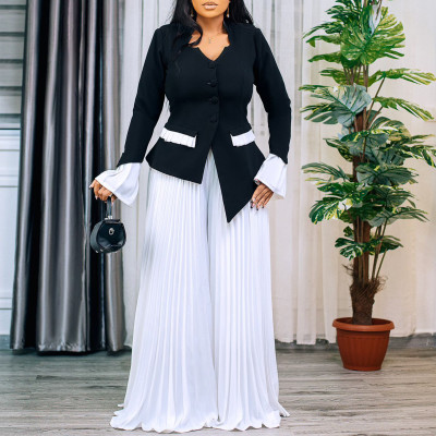 EVE Plus Size Flare Sleeve Press Pleated Wide Leg Pants Suit GATE-553