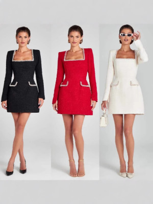 EVE U-neck Long Sleeve Diamond-studded Mini Dress OD-8722