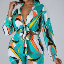 EVE Plus Size Colorful Print Shirt Two Piece Shorts Set SFY-3005