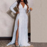 EVE Solid Color V Neck Sequin Split Maxi Dress SFY-2506