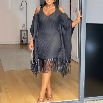 EVE Plus Size Bat Sleeve Sequin Tassel Midi Dress NY-3333