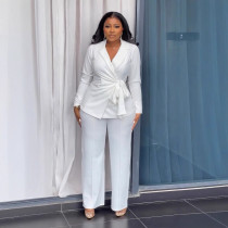 EVE Plus Size Solid Color Tie Up Balter Pants Suit NY-10938