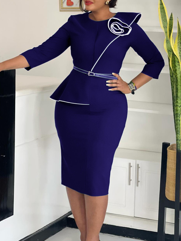 EVE Plus Size Solid Color Long Sleeve Pencil Dress(With Belt) GATE-551