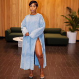 EVE Plus Size Long Sleeve Split Denim Long Dress GAKF-41104