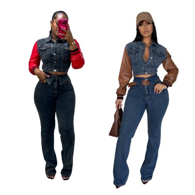 EVE Fashion Denim Patchwork Leather Sleeve Pants Suit MEM-88611