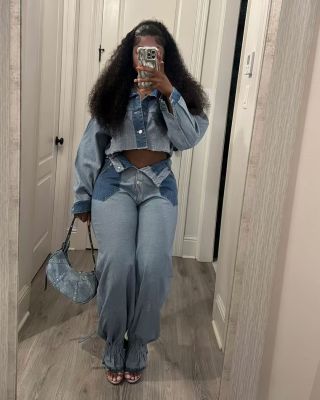 EVE Casual Color Block Denim 2 Piece Pants Set TR-1319