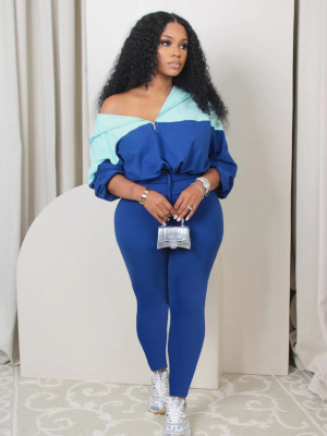 EVE Color Block Hooded Tops And Skinny Pants 2 Piece Set MIL-073