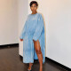 EVE Plus Size Long Sleeve Split Denim Long Dress GAKF-41104