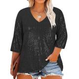 EVE Plus Size Casual Sequin V Neck T Shirt GOSD-1554