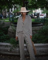 EVE Stripe Lapel Long Sleeve Shirts Pants 2 Piece Set MIL-082