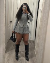 EVE Fashion Denim Long Sleeve Shirt Skirt Two Piece Set MEM-88609