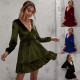 EVE Deep V Neck Bubble Sleeve Velour Ruffles Dress GYSQ-SY200808DR01