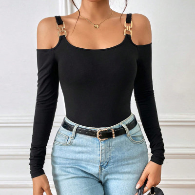 EVE Metallic Hook Long Sleeve Off Shoulder Knit Top GYSQ-CTDI0870