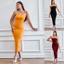 EVE Solid Color Wrap Chest Slim Midi Dress GYSQ-CDCJ0610
