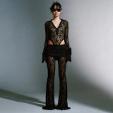EVE Lace Patchwork Deep V Neck Two Piece Pants Set GPBY-15117