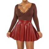 EVE Solid Color PU Leather Half Mini Skirt GPBY-16353