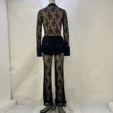 EVE Lace Patchwork Deep V Neck Two Piece Pants Set GPBY-15117