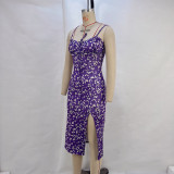 EVE Halter Floral Print Split Midi Dress GPBY-14533