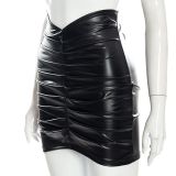 EVE Solid Color Pleated PU Leather Mini Skirt GPBY-2113