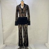EVE Lace Patchwork Deep V Neck Two Piece Pants Set GPBY-15117