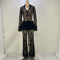 EVE Lace Patchwork Deep V Neck Two Piece Pants Set GPBY-15117