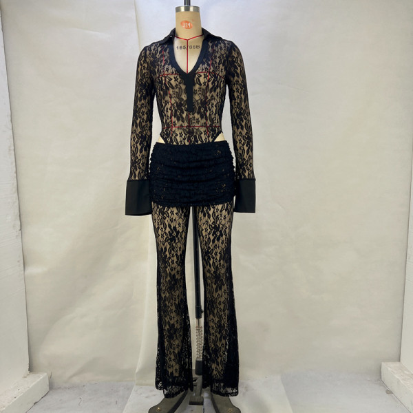 EVE Lace Patchwork Deep V Neck Two Piece Pants Set GPBY-15117