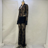 EVE Lace Patchwork Deep V Neck Two Piece Pants Set GPBY-15117