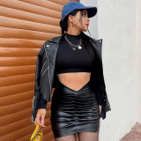 EVE Solid Color Pleated PU Leather Mini Skirt GPBY-2113