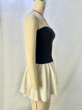 EVE Off Shoulder Color-blocked Patchwork Pleated Mini Dress GPBY-15725