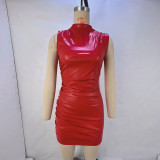 EVE Sleeveless Pleated PU Leather Mini Dress GPBY-13711