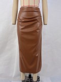 EVE Solid Color High Waist PU Split Long Skirt GPBY-14782