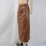 EVE Solid Color High Waist PU Split Long Skirt GPBY-14782