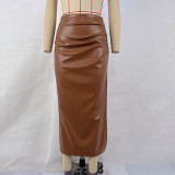 EVE Solid Color High Waist PU Split Long Skirt GPBY-14782