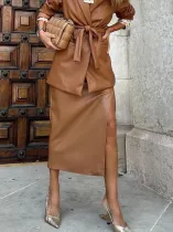EVE Solid Color High Waist PU Split Long Skirt GPBY-14782