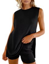 EVE Solid Color Sleeveless Sweater Two Piece Shorts Set GMJL-MS003