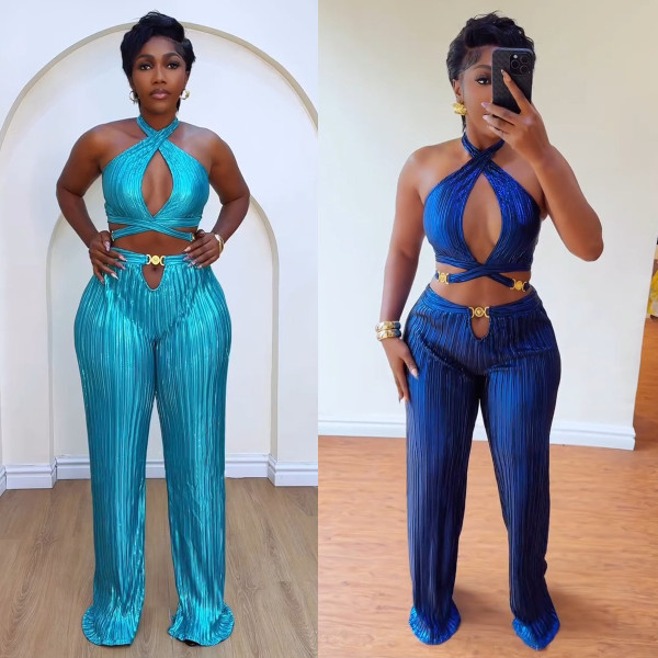 EVE Plus Size Pleated Halter Backless Hollow Out 2 Piece Set NY-3330