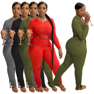 EVE Long Sleeve Solid Color Two Piece Pants Set QXTF-8112