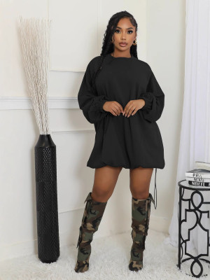EVE Long Sleeve Solid Color Drawstring Mini Dress BS-1376