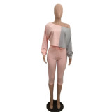 Slash Shoulder Color Block Two Piece Pants Set QXTF-883