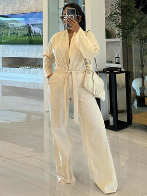 EVE Solid Color Long Sleeve Tie Up Cardigan Pants 2 Piece Set MIL-090