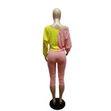 Slash Shoulder Color Block Two Piece Pants Set QXTF-883