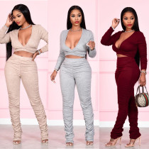 EVE V Neck Solid Color Pleated Two Piece Pants Set QXTF-8830