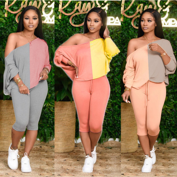 Slash Shoulder Color Block Two Piece Pants Set QXTF-883
