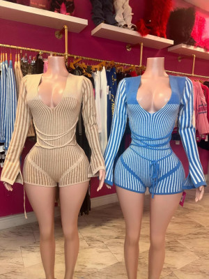 EVE Pre Order: About 7 work days shipping V Neck Stripe Knits Color Block Skinny Romper YUEM-600622